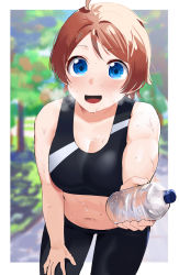 Rule 34 | 1girl, ahoge, black bra, black panties, blue eyes, blurry, blurry background, blush, bottle, bra, breasts, brown hair, commentary, day, giving, hand on own leg, heavy breathing, highres, holding, holding bottle, leaning forward, looking at viewer, medium breasts, midriff, navel, okpriko, open mouth, original, outdoors, outside border, panties, short hair, smile, solo, sports bra, standing, sweat, tareme, underwear, water bottle