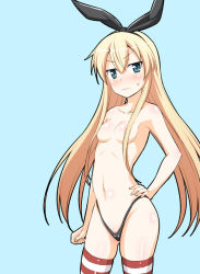Rule 34 | 10s, 1girl, black panties, blonde hair, blue background, blush, breasts, elbow gloves, gloves, hair censor, hair over breasts, hairband, hand on own hip, highleg, highleg panties, kantai collection, long hair, looking at viewer, navel, panties, personification, shimakaze (kancolle), simple background, small breasts, solo, striped clothes, striped thighhighs, sweatdrop, thighhighs, tomokichi, topless, underwear, wavy mouth, white gloves