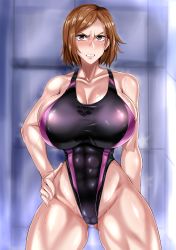 Rule 34 | 1girl, abs, absurdres, angry, arm at side, bare arms, bare legs, bare shoulders, blush, breasts, brown eyes, brown hair, cleavage, cleft of venus, clenched teeth, competition swimsuit, cowboy shot, embarrassed, female focus, gluteal fold, groin, hand on own hip, highres, hip focus, huge breasts, indoors, jujutsu kaisen, kugisaki nobara, legs, legs apart, looking at viewer, matching hair/eyes, one-piece swimsuit, puripuri jet, short hair, simple background, solo, standing, steaming body, sweat, swimsuit, teeth, thick thighs, thighs