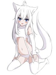 Rule 34 | 1girl, ahoge, animal ear fluff, animal ears, bare shoulders, blue eyes, blush, commentary request, detached sleeves, fox ears, fox girl, fox tail, full body, hair between eyes, highres, kuronagi (mitora uwu), long hair, long sleeves, navel, no shoes, open mouth, original, panties, simple background, sleeveless, sleeves past wrists, solo, sweat, tail, thighhighs, underwear, very long hair, white background, white hair, white panties, white sleeves, white thighhighs
