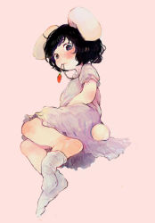 Rule 34 | 1girl, animal ears, bad id, bad pixiv id, black hair, blue eyes, blush, carrot, carrot necklace, female focus, gnsi, inaba tewi, jewelry, looking at viewer, lying, mouth hold, nanzuyo (gnsi), necklace, necklace in mouth, pendant, pink background, rabbit ears, rabbit girl, rabbit tail, short sleeves, simple background, sock dangle, socks, solo, tail, touhou, white socks