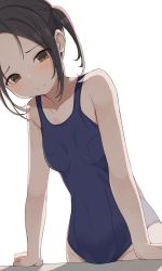Rule 34 | 1girl, arm support, black eyes, black hair, blue one-piece swimsuit, blush, breasts, closed mouth, collarbone, eyebrows, forehead, groin, highres, hiroki (yyqw7151), looking at viewer, one-piece swimsuit, original, school swimsuit, short hair, side ponytail, simple background, small breasts, swimsuit, table, white background