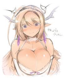 Rule 34 | 10s, 1girl, bare shoulders, blush, breasts, character request, choker, cleavage, commentary request, earrings, elbow gloves, gloves, head tilt, horns, huge breasts, jewelry, long hair, mel/a, pink hair, pointy ears, purple eyes, shingeki no bahamut, solo, translation request, upper body, v arms