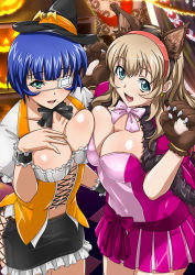 Rule 34 | 2girls, :d, animal ears, animal hands, black bow, black bowtie, black hairband, black headwear, black skirt, blue eyes, blue hair, blunt bangs, bow, bowtie, breast press, breasts, brown gloves, capelet, cleavage, collarbone, dress, earrings, eyepatch, fake animal ears, frilled skirt, frills, fur-trimmed capelet, fur trim, gloves, green eyes, hairband, halloween costume, hat, hat ribbon, ikkitousen, jewelry, large breasts, light brown hair, long hair, magatama, magatama earrings, midriff, mini hat, miniskirt, mole, mole under mouth, multiple girls, navel, open mouth, orange ribbon, paw gloves, pencil skirt, pink bow, pink bowtie, pleated dress, rabbit ears, red capelet, red dress, red hairband, ribbon, ryomou shimei, short dress, short hair, skirt, smile, sonken chuubou, stomach, strapless, strapless dress, werewolf costume, witch, witch hat