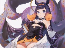 Rule 34 | 1girl, animal ears, bare shoulders, black gloves, black tank top, blue eyes, book, breasts, closed mouth, detached sleeves, feathered wings, fur collar, gloves, gradient hair, hands up, heart, heart print, highres, holding, holding book, hololive, hololive english, long hair, long sleeves, looking at viewer, miniskirt, mole, mole under eye, multicolored hair, ninomae ina&#039;nis, orange hair, orange skirt, panties, pointy ears, purple hair, qin (7833198), red ribbon, ribbon, sidelocks, simple background, skirt, small breasts, smile, solo, sparkle, standing, tank top, tassel, tentacle hair, tentacles, underwear, virtual youtuber, white background, white panties, wings