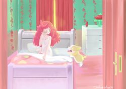 Rule 34 | 1girl, absurdres, artist name, bed, bedroom, chloe (pokemon), creatures (company), dress, game freak, gen 8 pokemon, green eyes, hair down, highres, long hair, looking at another, maroon hair, nintendo, pink dress, pokemon, pokemon (anime), pokemon journeys, tongue, tongue out, waking up, rubbing eyes, yamper