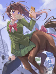 Rule 34 | 1girl, absurdres, bag, being late, blue ribbon, blue sky, bow, bowtie, bread, bread slice, breasts, brown hair, car, cellphone, centaur, cloud, collared shirt, commentary request, day, food, food in mouth, green jacket, green skirt, hair between eyes, hair ribbon, highres, highway, holding, holding bag, holding phone, hooves, horse tail, jacket, late for school, long hair, long sleeves, looking at phone, medium breasts, monster girl, motor vehicle, mouth hold, multiple legs, nikulas cage, original, outdoors, phone, pink bow, pink bowtie, pleated skirt, ponytail, purple eyes, ribbon, road sign, rubble, running, school uniform, shirt, sidelocks, sign, skirt, sky, smartphone, solo, tail, taur, toast, toast in mouth, white shirt