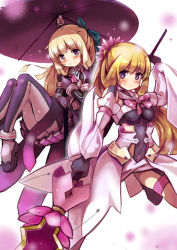 Rule 34 | 159cm, 2girls, blonde hair, blue bow, blush, bodysuit, bow, breasts, character request, closed mouth, flower, gloves, grey gloves, hair bow, hair flower, hair ornament, holding, holding staff, holding umbrella, long hair, long sleeves, looking at viewer, medium breasts, multiple girls, multiple views, nogi sonoko, pink flower, pleated skirt, ponytail, purple eyes, purple gloves, purple skirt, purple umbrella, skirt, smile, staff, umbrella, washio sumi wa yuusha de aru, wide sleeves, yuuki yuuna wa yuusha de aru, yuusha de aru