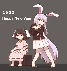 Rule 34 | 2023, 2girls, barefoot, black background, black hair, blazer, carrot necklace, chinese zodiac, closed mouth, crescent, crescent pin, dress, english text, floppy ears, full body, happy new year, inaba tewi, jacket, jewelry, long hair, long sleeves, looking at viewer, multiple girls, necklace, new year, pink dress, pink skirt, poronegi, purple hair, red eyes, reisen udongein inaba, shirt, short hair, simple background, skirt, standing, touhou, white shirt, year of the rabbit