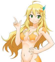 Rule 34 | 1girl, blonde hair, closed mouth, green eyes, hair ornament, hoshii miki, idolmaster, idolmaster (classic), long hair, navel, pasties, peter (artist), pointing, shooting star hair ornament, smile, solo, standing, star (symbol), star hair ornament