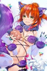 Rule 34 | 1girl, ahoge, akahito, alternate costume, animal ear fluff, animal ears, bare shoulders, black panties, blush, breasts, cosplay, elbow gloves, fang, fate/grand order, fate (series), fou (fate), fujimaru ritsuka (female), fur-trimmed gloves, fur-trimmed legwear, fur collar, fur trim, gloves, hair ornament, hair scrunchie, halloween, halloween costume, lace, lace-trimmed legwear, lace trim, mash kyrielight, mash kyrielight (dangerous beast), mash kyrielight (dangerous beast) (cosplay), navel, o-ring, o-ring top, official alternate costume, orange eyes, orange hair, panties, purple gloves, purple thighhighs, revealing clothes, romani archaman, saint quartz (fate), scrunchie, side ponytail, solo focus, tail, thighhighs, underboob, underwear, wolf ears, wolf tail, yellow eyes