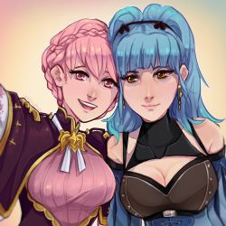 Rule 34 | 2girls, alternate hairstyle, blue hair, breasts, brown eyes, cleavage, cleavage cutout, clothing cutout, cosplay, costume switch, dress, earrings, female focus, fire emblem, fire emblem: three houses, hair bun, hairstyle switch, highres, hilda valentine goneril, jewelry, large breasts, long hair, marianne von edmund, matching hair/eyes, multiple girls, nintendo, aged up, open mouth, pink eyes, pink hair, selfie, single hair bun, smallnoot, smile, twintails