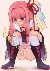 Rule 34 | 1girl, bar censor, blush, boots, censored, dress, female focus, highres, kotonoha akane, long hair, panties, panty pull, pee stain, peeing, pink hair, pink panties, pussy, red eyes, red ribbon, ribbon, simple background, solo, squatting, stained panties, thighhighs, toto (pixiv12254787), underwear, very long hair, voiceroid, white thighhighs