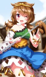 Rule 34 | 1girl, ;d, blurry, blurry background, blush, brown hair, collarbone, commentary request, detached sleeves, dress, highres, low twintails, monkey girl, monkey tail, multicolored clothes, multicolored dress, one eye closed, open mouth, red eyes, ruu (tksymkw), single detached sleeve, smile, solo, son biten, tail, touhou, twintails