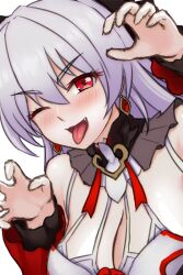 Rule 34 | 1girl, arm up, breasts, cleavage, commentary request, earrings, fang, grey hair, hair between eyes, honkai (series), honkai impact 3rd, jewelry, large breasts, long hair, long sleeves, theresa apocalypse (luna kindred), one eye closed, open mouth, red eyes, simple background, solo, sphere-stc, theresa apocalypse (lunar vow: crimson love), tongue, tongue out, upper body, white background
