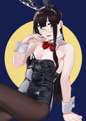 Rule 34 | 1girl, animal ears, black hair, black leotard, black pantyhose, blue background, blue eyes, bow, bowtie, collarbone, cowboy shot, detached collar, fake animal ears, full moon, highres, kantai collection, leotard, long hair, looking at viewer, moon, ojipon, ooyodo (kancolle), open mouth, pantyhose, playboy bunny, rabbit ears, red bow, red bowtie, sitting, smile, solo, strapless, strapless leotard, wrist cuffs