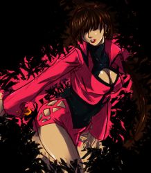 Rule 34 | 1girl, breasts, brown hair, cleavage, cleavage cutout, clothing cutout, colorized, dark-skinned female, dark persona, dark skin, derivative work, h1w0, hair over eyes, hiroaki (kof), large breasts, leaning forward, lipstick, long hair, makeup, miniskirt, navel, ponytail, popped collar, shermie (kof), skirt, snk, solo, the king of fighters