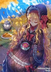Rule 34 | 1girl, autumn leaves, blonde hair, blue sky, cake, carpet, copyright name, cup, dress, closed eyes, flower, food, hat, hat flower, hat ornament, lake, pie, pot, red ribbon, ribbon, sid story, sila (carpen), sky, solo, table, tea, teacup, teapot