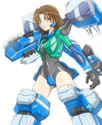 Rule 34 | 1girl, arm cannon, black one-piece swimsuit, brown eyes, brown hair, crotch plate, densou tenshi valforce, gloves, karukan (monjya), mecha musume, mechanical arms, one-piece swimsuit, over shoulder, short hair, solo, swimsuit, tsukikage ayaka, weapon, weapon over shoulder