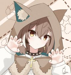 Rule 34 | 1girl, ahoge, alternate costume, black collar, braid, braided bangs, brooch, brown eyes, brown hair, claw pose, closed mouth, collar, collared shirt, cross, daikon keroi, dot mouth, earrings, ears through headwear, highres, hololive, hololive english, hood, hood up, jewelry, looking at viewer, multicolored hair, nanashi mumei, paw print, paw print background, shirt, short hair, simple background, single earring, spiked collar, spikes, streaked hair, virtual youtuber, white shirt
