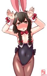 Rule 34 | 1girl, alternate costume, animal ears, arms up, artist logo, black eyes, black hair, black leotard, blush, bow, bowtie, braid, brown pantyhose, bunny ears pose, cameltoe, cleft of venus, commentary request, covered navel, cowboy shot, dated, detached collar, fake animal ears, flat chest, gluteal fold, hair between eyes, hair censor, highres, isonami (kancolle), kanon (kurogane knights), kantai collection, leotard, looking at viewer, pantyhose, playboy bunny, rabbit ears, rabbit pose, rabbit tail, red bow, red bowtie, sidelocks, simple background, solo, strapless, strapless leotard, tail, tears, twin braids, white background, wrist cuffs