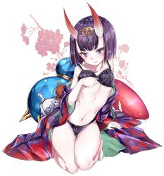 Rule 34 | 1girl, barefoot, black bra, black panties, bob cut, bra, fate/grand order, fate (series), full body, gourd, hamaken. (novelize), horns, japanese clothes, kimono, leaning to the side, oni, open clothes, open kimono, panties, purple eyes, purple hair, purple kimono, purple panties, revealing clothes, short eyebrows, short hair, shuten douji (fate), shuten douji (first ascension) (fate), skin-covered horns, solo, underwear, underwear only, white background