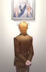 Rule 34 | 1boy, arms behind back, blonde hair, formal, framed, framed image, from behind, highres, hunter x hunter, isaac netero, looking up, male focus, pariston hill, solo, sss14sana, suit