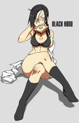 1girl black_hair black_hood blue_eyes bra braid bread bread_slice breasts cross crossed_legs egg_(food) female_focus food food_in_mouth fried_egg glasses highres jewelry kamezaemon kneehighs mouth_hold multicolored_hair necklace original simple_background sitting socks solo toast toast_in_mouth two-tone_hair underwear white_hair