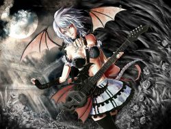 Rule 34 | 1girl, aged up, alternate breast size, artist request, bat wings, bikini, bikini top only, black thighhighs, breasts, building, chain, cleavage, cloud, cross, cross necklace, field, fingerless gloves, flower, flower field, fog, full moon, garden, gloves, grey hair, guitar, hair between eyes, highres, instrument, jewelry, long hair, md5 mismatch, miniskirt, moon, necklace, pale skin, poo (saku), red eyes, remilia scarlet, resolution mismatch, ribbon, skirt, skull, skull and crossbones, solo, source smaller, swimsuit, tail, tattoo, thighhighs, touhou, wings, zettai ryouiki