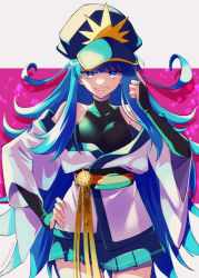 Rule 34 | 1girl, adjusting clothes, adjusting headwear, akaishi yashi, blue eyes, blue hair, bridal gauntlets, flipped hair, glint, gloves, grin, hand on own hip, hat, hat ornament, highres, index finger raised, japanese clothes, jewelry, kimono, long hair, obi, off shoulder, original, pleated skirt, ring, sash, skirt, sleeveless, sleeveless turtleneck, smile, solo, turtleneck, v-shaped eyebrows, very long hair, wide sleeves