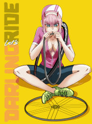 Rule 34 | albyee, bicycle, biker clothes, darling in the franxx, flat tire, green eyes, highres, pink hair, tire, wheel, zero two (darling in the franxx)