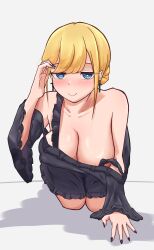 Rule 34 | 1girl, a86gj3, absurdres, alice lendrott, all fours, black nails, black skirt, blonde hair, blue eyes, blush, breasts, cross, cross earrings, detached sleeves, earrings, full body, hair up, highres, jewelry, large breasts, looking at viewer, shinigami bocchan to kuro maid, skirt, smile, strap slip, white background