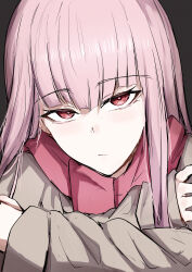 Rule 34 | 1girl, absurdres, blunt bangs, brown jacket, grey background, highres, hololive, hololive english, jacket, long hair, looking at viewer, mori calliope, pink hair, red eyes, red scarf, sak1 01, scarf, sidelocks, solo, virtual youtuber