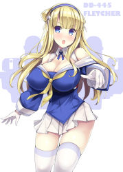 Rule 34 | 1girl, akikaze tsumuji, blonde hair, blue eyes, blue shirt, breasts, character name, cleavage, commentary request, covered erect nipples, cowboy shot, double bun, fletcher (kancolle), fletcher mk ii (kancolle), gloves, hair bun, hair ornament, hairband, huge breasts, kantai collection, long hair, looking at viewer, neckerchief, off shoulder, pleated skirt, sailor collar, school uniform, serafuku, shirt, simple background, skirt, solo, star (symbol), star hair ornament, thighhighs, white background, white gloves, white sailor collar, white skirt, white thighhighs, yellow neckerchief