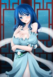 Rule 34 | 1girl, absurdres, alternate hairstyle, belt, blue dress, blue eyes, blue hair, blush, breasts, cleavage, commentary request, dress, hair down, head tilt, highres, hisin, kaku seiga, large breasts, looking at viewer, medium hair, shawl, short sleeves, side slit, solo, touhou, vest