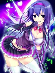 Rule 34 | 1girl, breasts, cleavage, elbow gloves, female focus, gloves, large breasts, long hair, looking at viewer, majika majika, open mouth, purple hair, refeia, skirt, solo, thighhighs, tsukushi mizuho