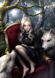 Rule 34 | 1girl, armchair, barefoot, black dress, chair, dress, feet on chair, forest, frilled dress, frills, grey hair, highres, jewelry, kotikomori, lipstick, long hair, long sleeves, makeup, moss, nature, necklace, orange eyes, original, outdoors, own hands together, pale skin, pendant, realistic, red lips, sitting, solo, toenails, toes, tree, watermark, wavy hair, wolf