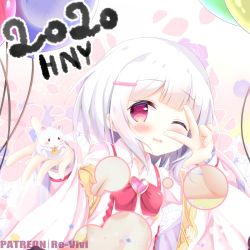 Rule 34 | 1girl, 2020, animal, balloon, blush, bow, breasts, brooch, bubble filter, cheese, collared shirt, food, granblue fantasy, hair ornament, hairclip, happy new year, heart, heart brooch, holding, holding animal, jewelry, long sleeves, mouse (animal), new year, one eye closed, parted lips, petals, red bow, red eyes, renew vivi, revealing layer, shirt, small breasts, solo, upper body, v over eye, vikala (granblue fantasy), wavy mouth, white hair, white shirt, wide sleeves