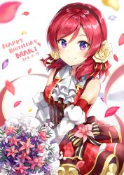 Rule 34 | 1girl, artist name, ascot, bouquet, bow, collared dress, dated, detached sleeves, dress, flower, hair flower, hair ornament, hairband, happy birthday, highres, holding, holding bouquet, looking at viewer, love live!, love live! school idol festival, love live! school idol project, nishikino maki, nonono (nononotea), petals, purple eyes, red hair, solo, striped, striped bow, white ascot