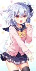 Rule 34 | 1boy, :d, black thighhighs, blue hair, blue skirt, blush, bow, bowtie, cardigan, cowboy shot, dog hair ornament, dog tail, double horizontal stripe, fang, fingernails, gradient eyes, hair between eyes, hair bow, hair ornament, half updo, highres, inuyama tamaki, long sleeves, looking at viewer, male focus, miniskirt, multicolored eyes, noripro, open mouth, paw pose, paw print, paw print background, pink cardigan, pleated skirt, raised eyebrows, sailor collar, sasai saji, school uniform, serafuku, silver hair, skin fang, skindentation, skirt, smile, solo, stuffed animal, stuffed toy, tail, thighhighs, trap, two side up, virtual youtuber, yellow bow, yellow bowtie, yellow eyes