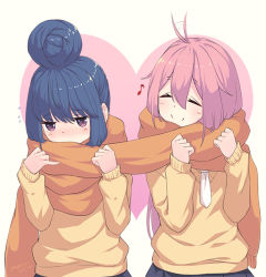 Rule 34 | afterimage, ahoge, ahoge wag, blue hair, blush, closed mouth, embarrassed, enpera, expressive hair, flying sweatdrops, hair bun, heart, heart background, kagamihara nadeshiko, long hair, long sleeves, looking away, motion lines, musical note, neps-l, orange scarf, pink hair, purple eyes, quaver, raised eyebrows, scarf, shared clothes, shared scarf, shima rin, single hair bun, smile, sweater, upper body, white neckwear, yellow sweater, yuri, yurucamp