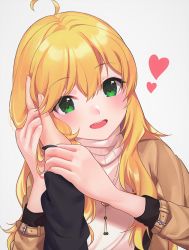 Rule 34 | 1girl, ahoge, arm grab, artist request, beige sweater, blonde hair, blush, brown jacket, commentary request, face, green eyes, hair between eyes, hand on another&#039;s head, hand on own face, happy, heart, hoshii miki, idolmaster, idolmaster (classic), idolmaster cinderella girls, jacket, long hair, long sleeves, looking at viewer, simple background, solo focus, sweater, teeth, upper teeth only, white background
