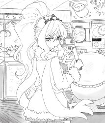 Rule 34 | &gt;:t, 1girl, :t, absurdres, arcade, bad link, blush, commentary, cowboy shot, crane game, diadem, drum, drumsticks, frown, fur trim, greyscale, hair ornament, hair scrunchie, highres, holding, instrument, lantern, latenight, long hair, long sleeves, looking at viewer, looking back, monochrome, monster girl encyclopedia, paper lantern, ponytail, pout, scrunchie, second-party source, shop, sign, solo, standing, stuffed animal, stuffed cat, stuffed toy, toy store, v-shaped eyebrows, very long hair, wight (monster girl encyclopedia)
