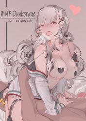 Rule 34 | 1boy, 1girl, azur lane, bare shoulders, breasts, butterfly hair ornament, character name, commentary request, cowgirl position, cutoff jeans, cutoffs, dunkerque (afternoon venus) (azur lane), dunkerque (afternoon venus) (azur lane), dunkerque (azur lane), girl on top, grey hair, hair ornament, heart, highres, large breasts, long hair, open mouth, pasties, ptbeaker, red eyes, sex, spoken heart, straddling, very long hair