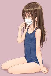 Rule 34 | 1girl, blue one-piece swimsuit, brown eyes, brown hair, collarbone, commentary request, female focus, flat chest, focke wulf, full body, highres, long hair, looking at viewer, mask, mouth mask, one-piece swimsuit, original, pink background, school swimsuit, simple background, sitting, solo, swimsuit, yokozuwari