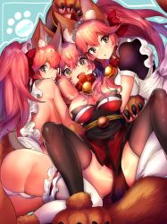 Rule 34 | 3girls, alternate costume, animal ears, animal hands, apron, bad id, bad pixiv id, bell, black legwear, breasts, cleavage, collar, dress, enmaided, fang, fate/grand order, fate (series), fox ears, fox tail, hair ribbon, large breasts, long hair, looking at viewer, looking back, maid, maid apron, maid headdress, multiple girls, naked apron, neck bell, nochita shin, open mouth, panties, pink hair, ribbon, sideboob, tail, tamamo (fate), tamamo cat (fate), tamamo cat (first ascension) (fate), tamamo cat (second ascension) (fate), tamamo cat (third ascension) (fate), tamamo no mae (fate/extra), thighhighs, underwear, white legwear, white panties, yellow eyes