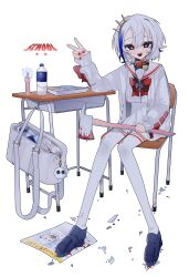 Rule 34 | 1girl, :d, absurdres, axe, bag, belt collar, blood, blue footwear, blue hair, bottle, bow, bowtie, brown hairband, candle, chair, collar, desk, fingernails, gradient hair, hair between eyes, hairband, hand up, heart, heart necklace, hexagram, highres, holding, holding axe, jacket, jewelry, lock, long legs, long sleeves, looking at viewer, miniskirt, multicolored hair, necklace, open clothes, open jacket, open mouth, original, ouija, pleated skirt, poster (object), red bow, red bowtie, red collar, red eyes, red nails, sailor collar, school chair, school desk, school uniform, serafuku, shiozaki ise, shirt, shoes, short hair, simple background, sitting, skirt, sleeves past wrists, smile, solo, spiked collar, spiked hairband, spikes, teeth, thighhighs, two-tone hair, upper teeth only, v, water bottle, white background, white bag, white hair, white jacket, white sailor collar, white serafuku, white shirt, white skirt, white thighhighs, zettai ryouiki