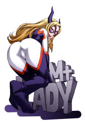 Rule 34 | 10s, 1girl, :d, ass, bent over, blonde hair, bodysuit, boku no hero academia, boots, character name, chiba toshirou, crossed ankles, domino mask, drill hair, feet together, from behind, gloves, half-closed eyes, happy, horns, kneeling, long hair, looking at viewer, looking back, mask, mount lady, naughty face, open mouth, purple eyes, simple background, skin tight, smile, solo, standing, superhero costume, teeth, thigh boots, thighhighs, tongue, white background