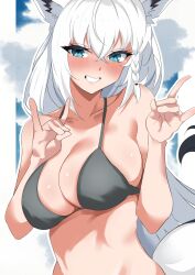 1girl absurdres animal_ear_fluff animal_ears bikini black_bikini blush braid breasts commentary_request double_fox_shadow_puppet fox_ears fox_girl fox_shadow_puppet fox_tail green_eyes grin hair_between_eyes highres hololive large_breasts long_hair looking_at_viewer navel oma_(omaekawaii114) shirakami_fubuki sidelocks single_braid smile solo swimsuit tail virtual_youtuber white_hair