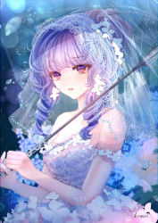 Rule 34 | 1girl, absurdres, artist name, bare arms, bare shoulders, blue background, blue flower, blue theme, blunt bangs, blurry, blurry background, bokeh, commentary request, depth of field, dress, drill hair, flower, hair up, highres, holding, holding umbrella, hydrangea, komorihikki, lace, looking at viewer, off-shoulder dress, off shoulder, original, outdoors, purple hair, rain, red eyes, side drill, sidelocks, solo, tearing up, transparent, transparent umbrella, twin drills, umbrella, veil, wedding dress, white dress